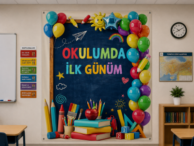 Okulumda İlk Gün Fotoğraf Panosu – Renkli Kara Tahta